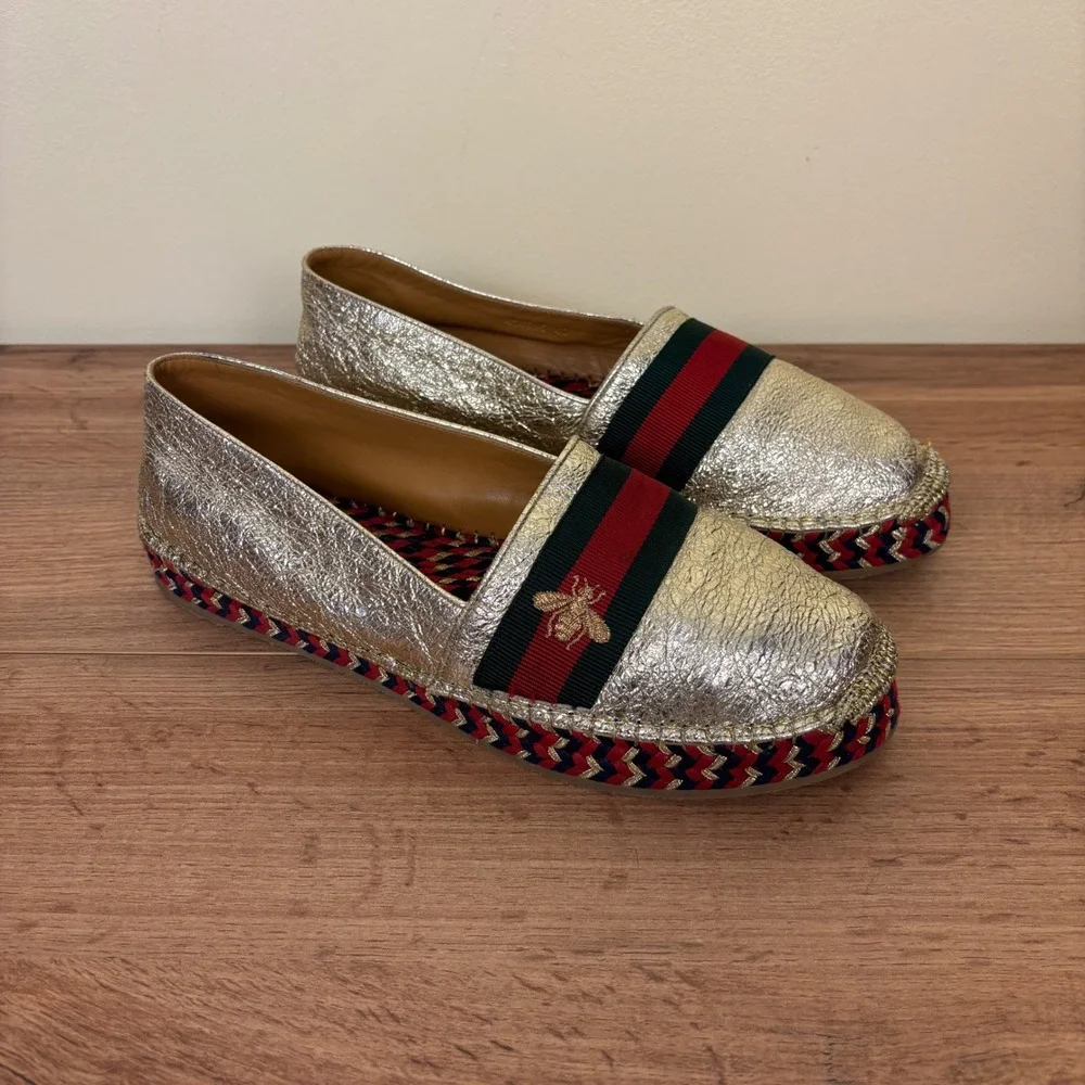 GUCCI Crinkled Leather Web Pilar Bee Espadrille Flat Gold Women Size 40 Slip On